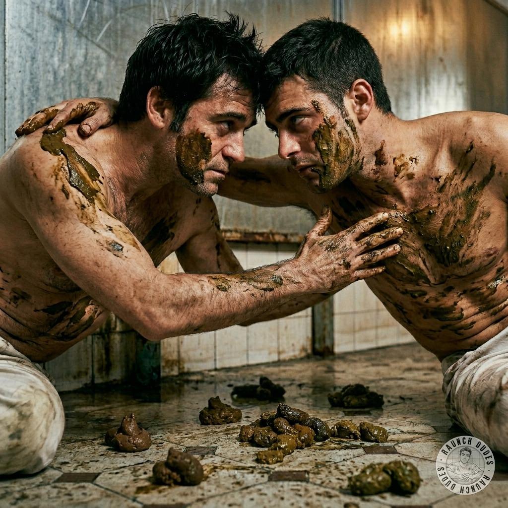 Two dudes slather each other in shit on the bathroom floor, rubbing it all over their bodies like it’s the hottest lube in...