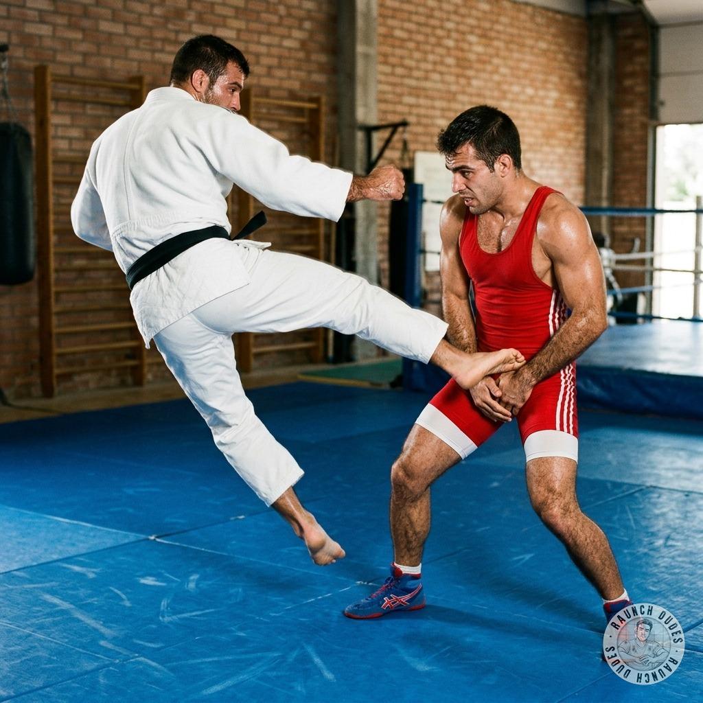 That judoka’s got a mean right hook to those nuts in that tiny wrestler onesie 💥🔥 #fetish #dirtyathletes #rough