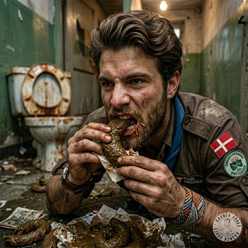 One scout is greedily gobbling up shit in a filthy bathroom, his face buried in the stinky pile like it’s the finest feast...