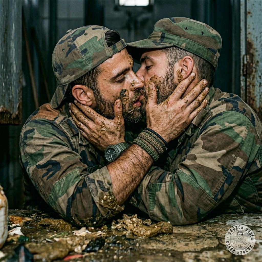 Two filthy soldiers covered in shit locking lips, their tongues wrestling in a filthy, sticky mess of grime and sweat....