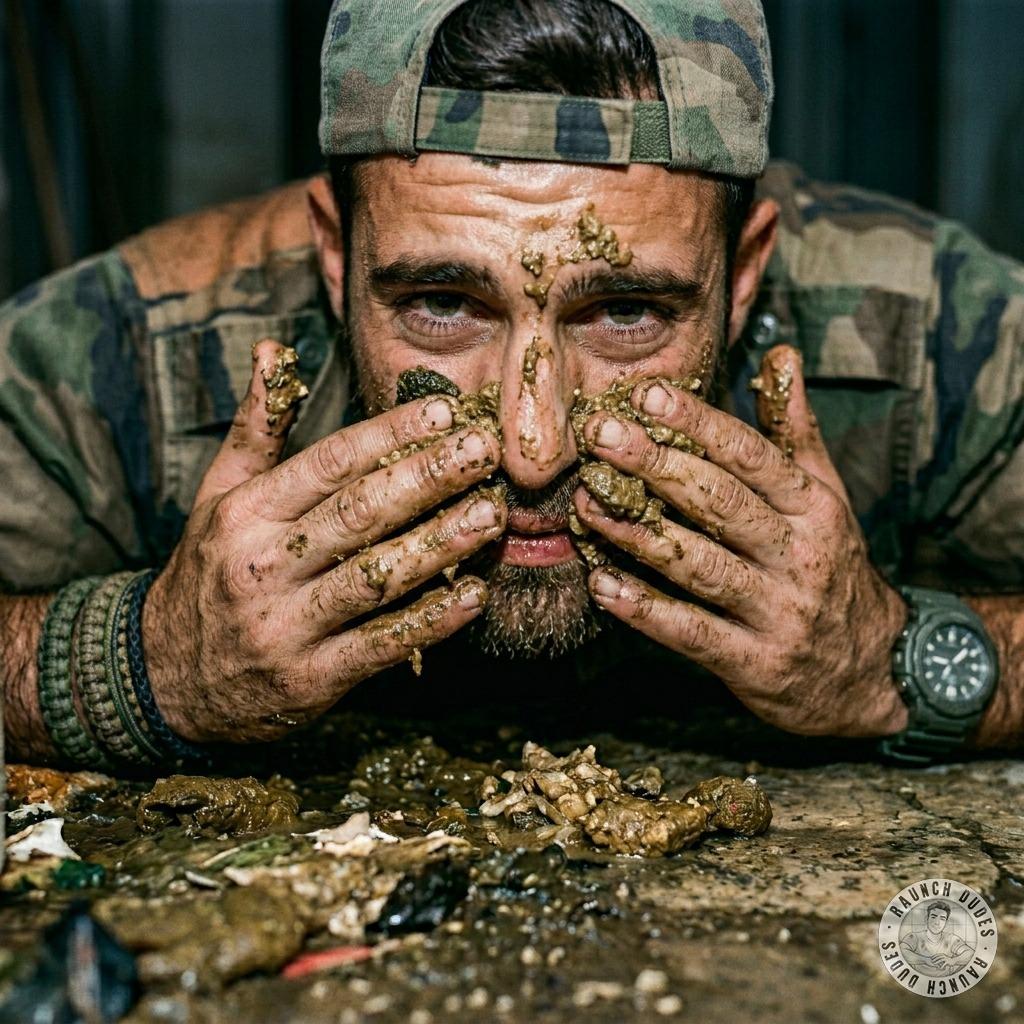 Spanish soldier slathers shit all over his face, groaning as he rubs it in deep. #gayscat #filth #military #hairy