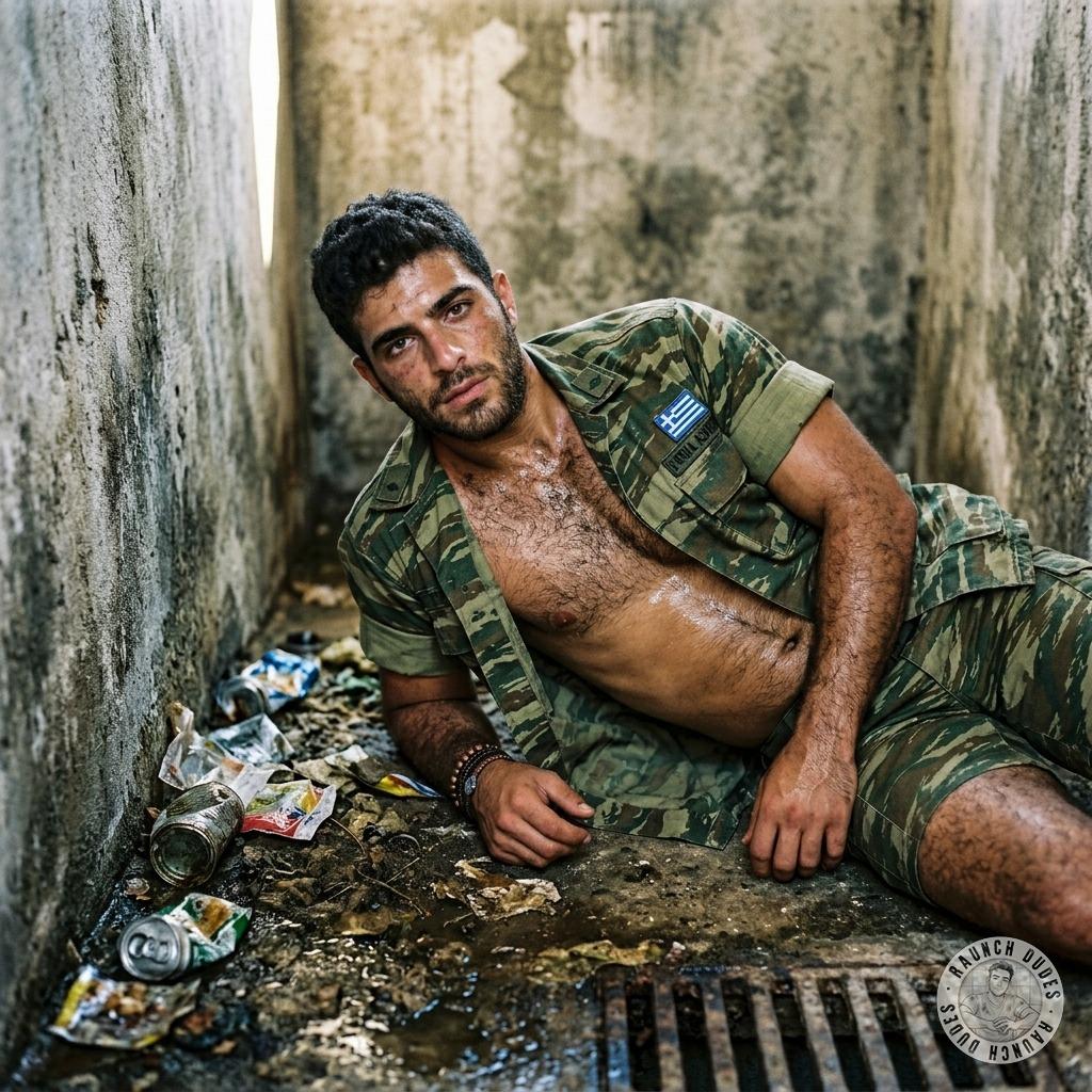 Greek soldier pinned in a filthy latrine, ass dripping with sweat as he gets railed raw by a dominant top who won’t let him...
