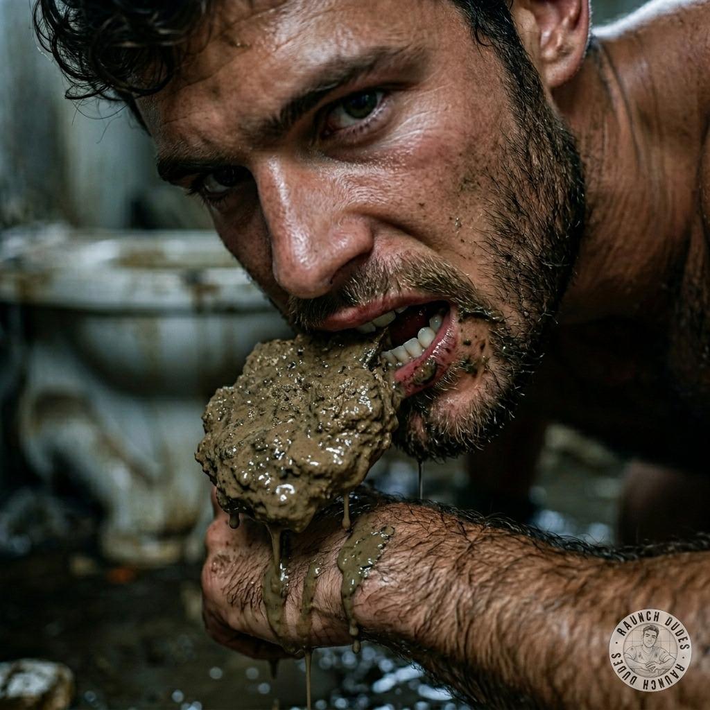 Swallowing that thick, warm load of shit off the floor, his throat gagging on the bitter taste but his cock twitching in his...