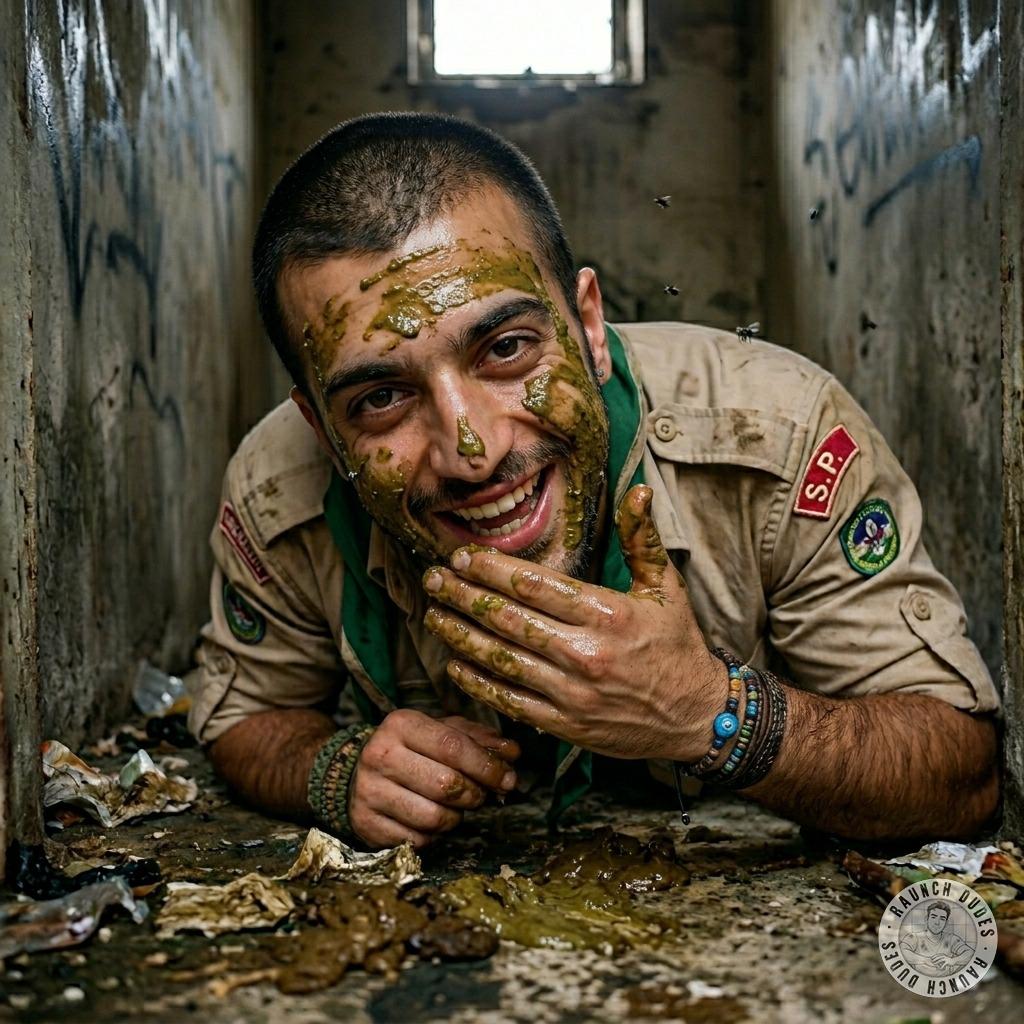One scout slathers shit all over his face in a latrine, loving every filthy second 💩😈 #gayscat #dirtyscouts #fetish
