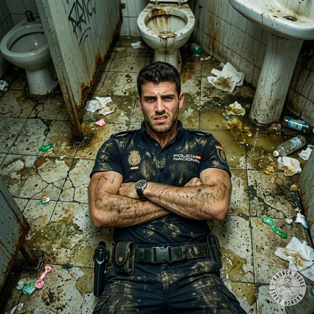 Spanish cop face-down on the filthy bathroom floor, his tight ass begging for a brutal pounding while his cuffed wrists dig...