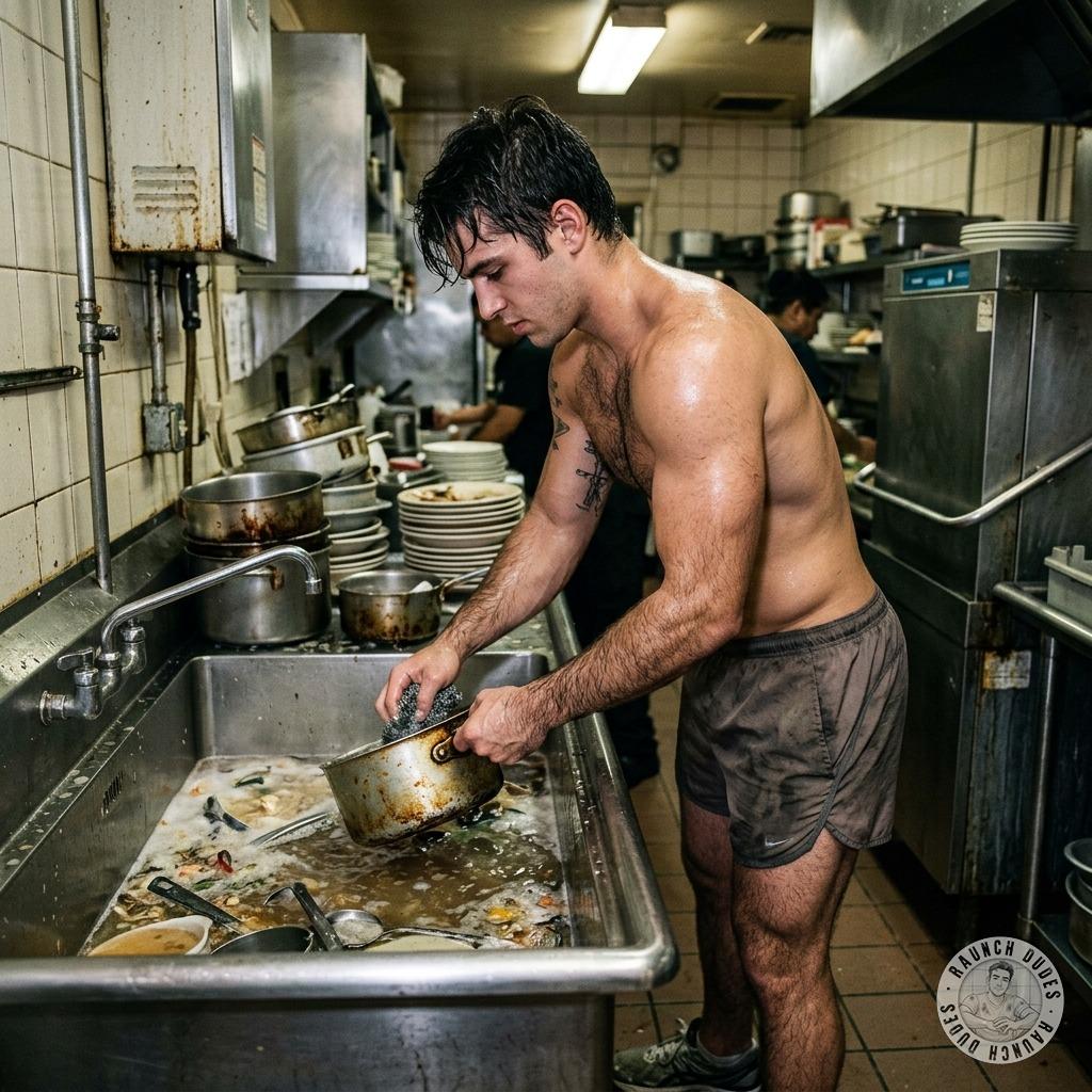 That greasy dishwasher’s got me hard as he scrubs those plates like he’s fucking my ass with his soapy hands. Watching him...
