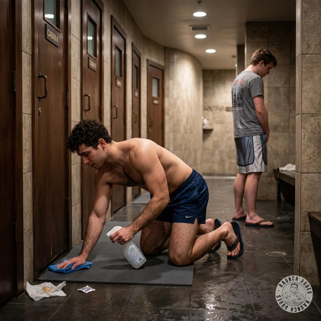 Inserviente scrubbing those sticky gay sauna seats, fingers diving deep into every crevice 🧼🔥 #fetish #toilet #lockerroom...