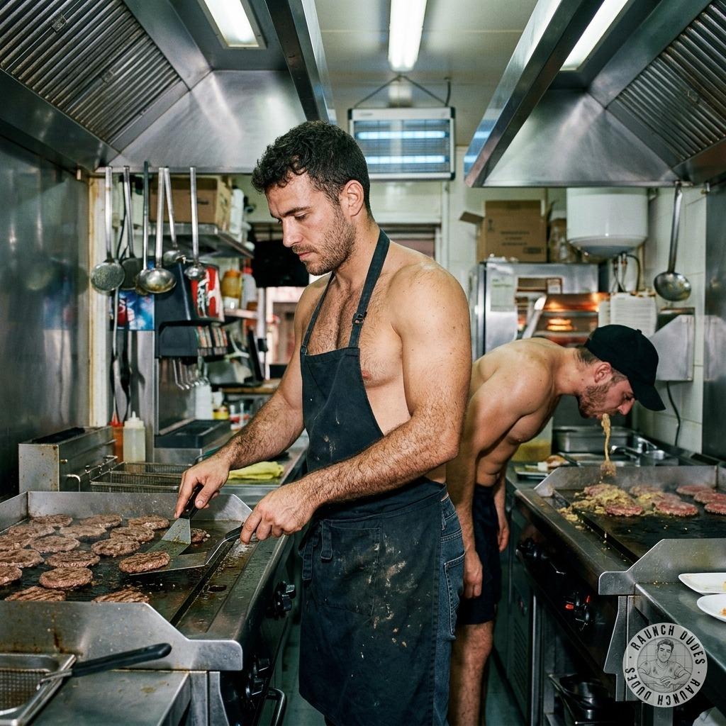 The hairy chef grills burgers while his coworker pukes all over the sizzling plate, mixing puke with meat for that extra...