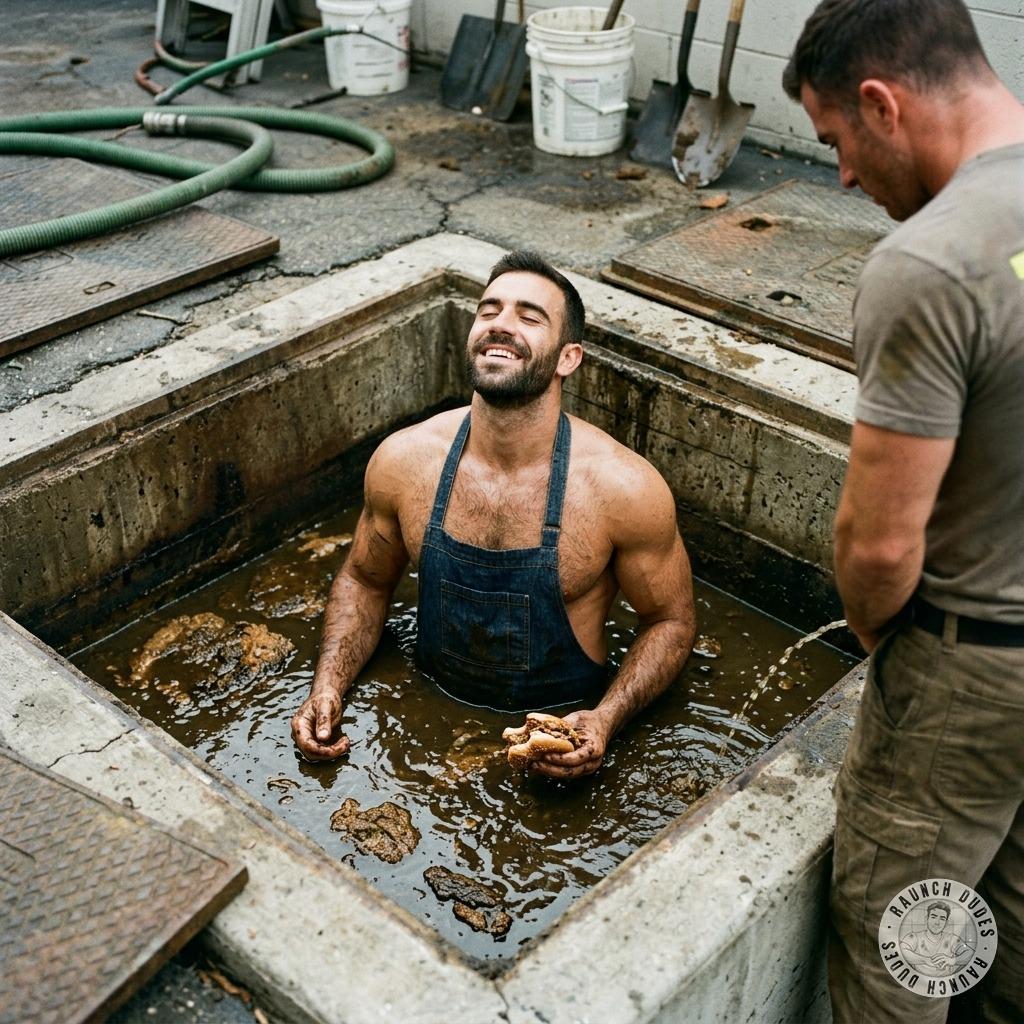 Dude choking on thick slop in an open septic tank, bread stuffed in his mouth stuffed with shit, warm piss raining down on...
