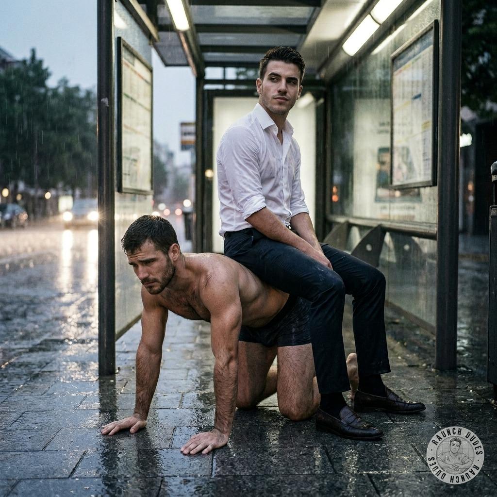 Fucking soaked in the rain, some rich dude just parked his ass on me like a goddamn bench—my ass still stinging from his...