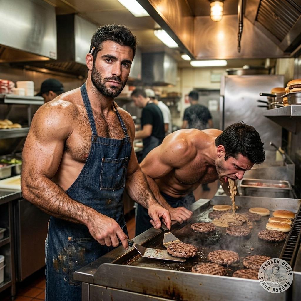 The hairy chef flips burgers while his coworker pukes all over the grill, seasoning every patty with warm, chunky vomit...