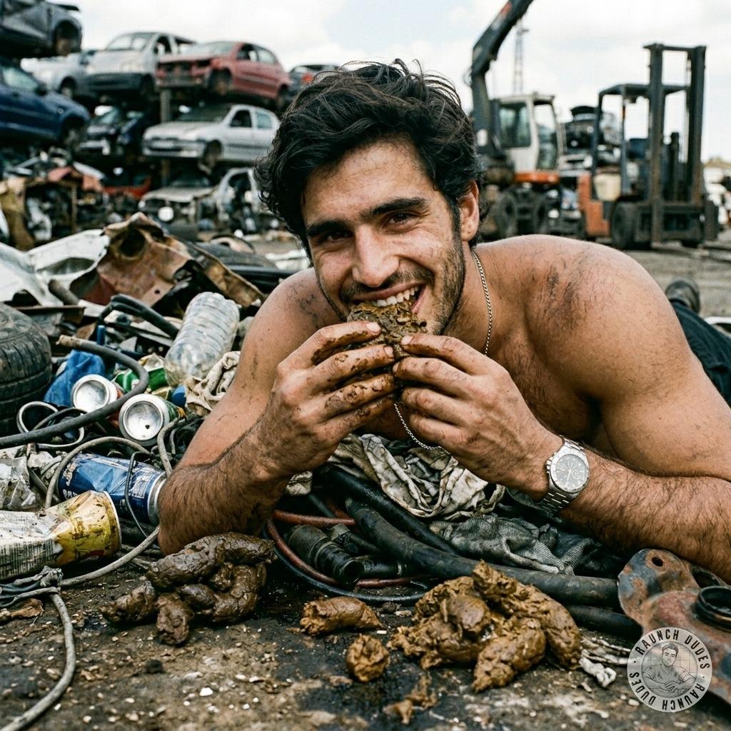 Fuck yeah, the hot twink kneels in the junkyard, shoveling rusty scrap into his mouth like it’s his last meal 😈💩 #gayscat...