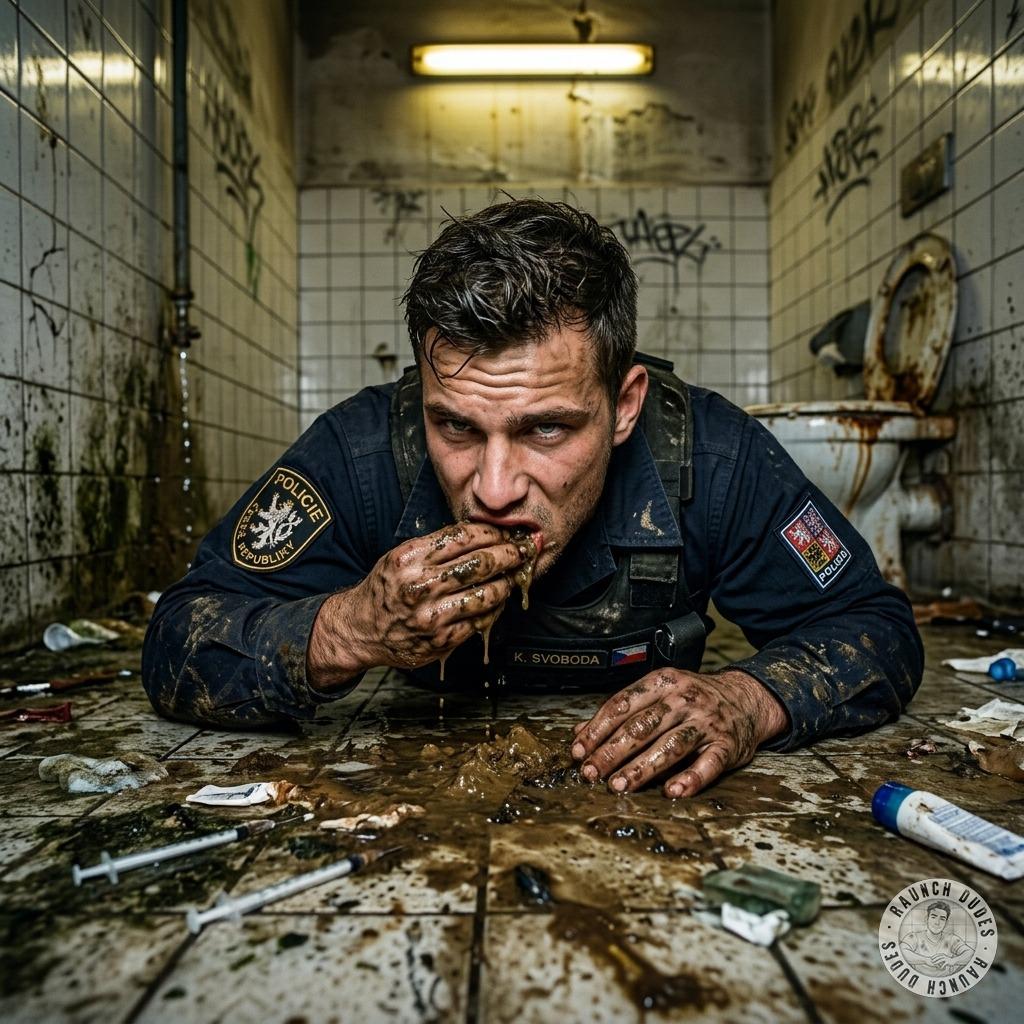 A police officer eats excrement from the floor of a public restroom. #gayscat #dirtycops