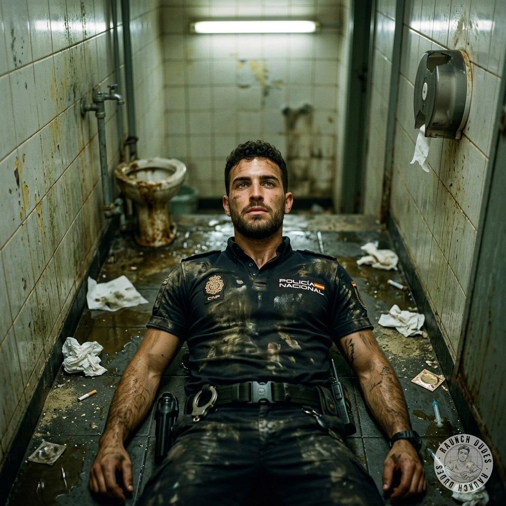 A Spanish policeman lies on the floor of a dirty bathroom. #gayscat #dirtycops #toilet #humiliation