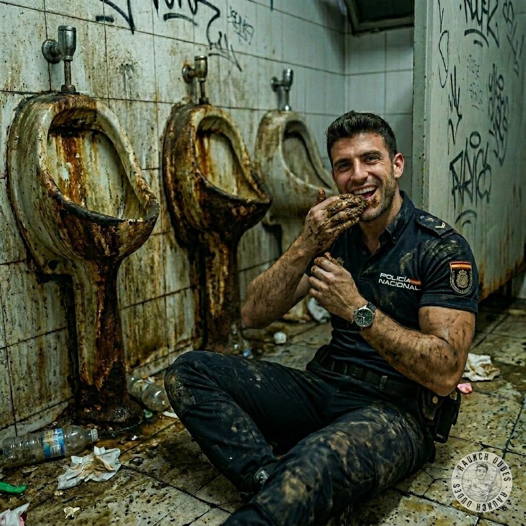 A Spanish police officer eats excrement in a public restroom. #gayscat #dirtycops #toilet #hairy