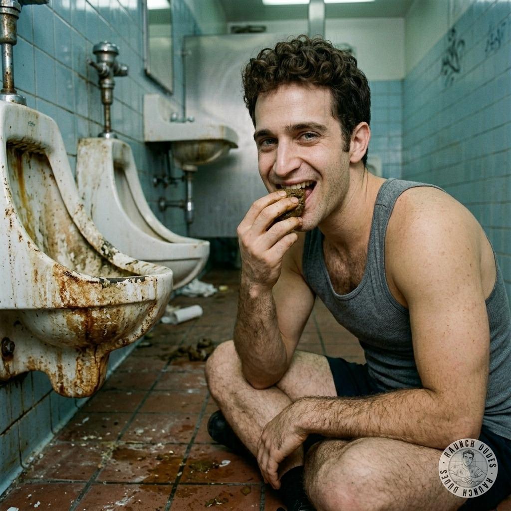 A boy eats excrement in a public restroom. #gayscat #toilet #hairy