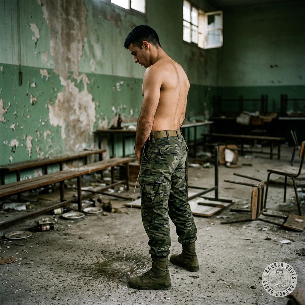 Military dude just unleashed a golden flood on the mess hall floor, leaving sticky puddles for us to worship. #gaypiss...