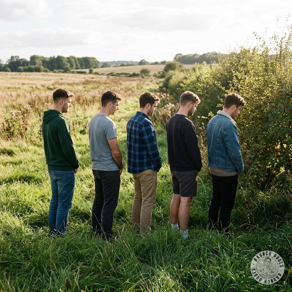 Piss-drunk boys painting the field with golden streams, their hard cocks swinging as they aim for the grass #gaypiss...