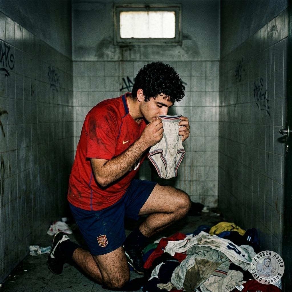 That hot footballer sniffs his teammates' sweaty jockstraps, getting off on their musky scent like a good little cumdumpster...