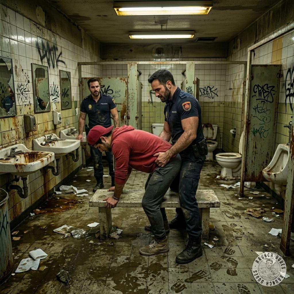 A boy gets fucked by a cop in a dirty bathroom. #dirtycops #toilet #rough