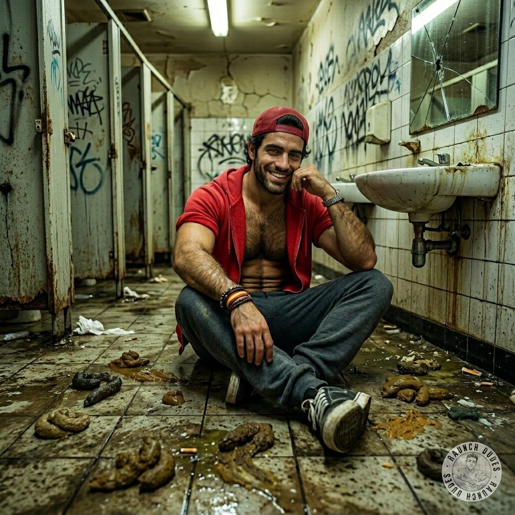 A boy sits on a shit-filled floor in a public bathroom. #gayscat #toilet #homeless #street #hairy