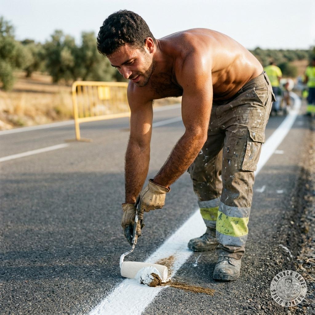 A worker who is painting a line on the road also paints some shit on the ground #workers #inpublic #street
