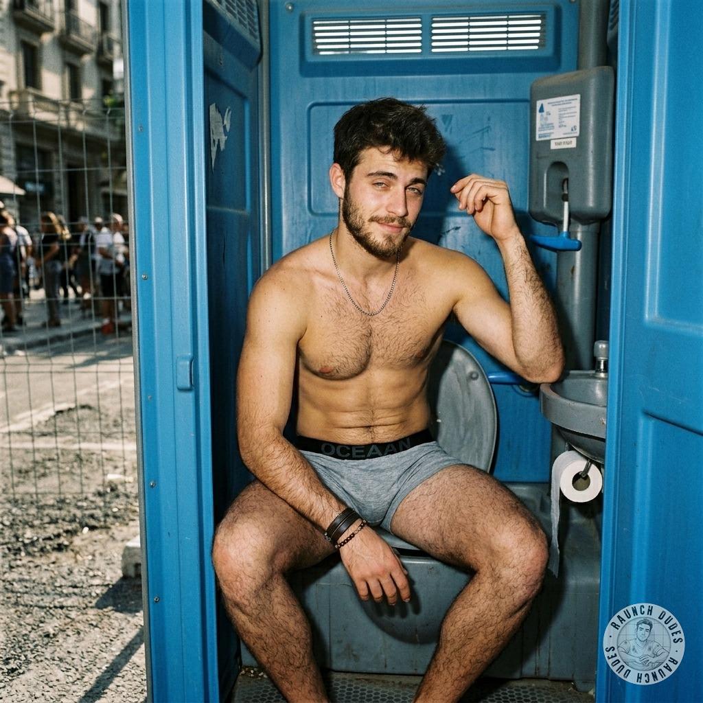 A guy is sitting in his underwear in a chemical toilet #inpublic #toilet