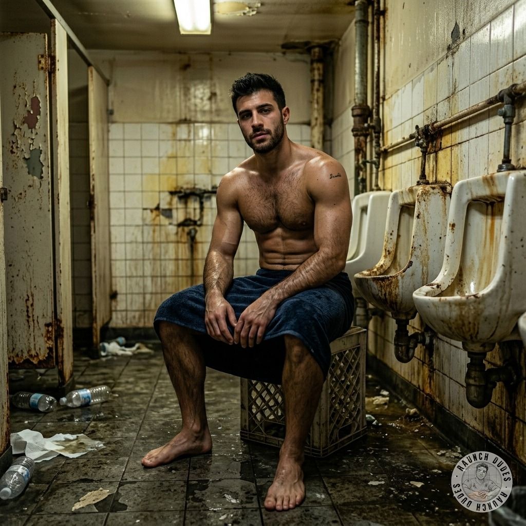 That filthy twink’s ass is dripping sweat as he slumps on the grimy bathroom floor, his hole glistening with filth and need....