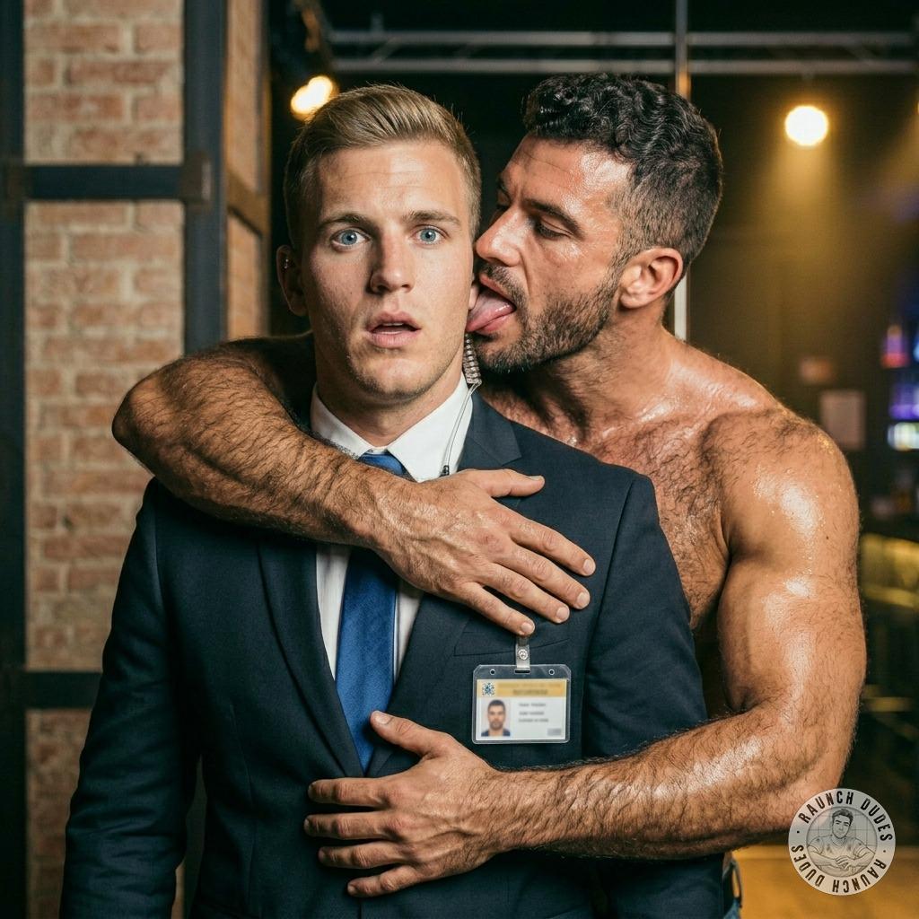 That muscular hunk drops to his knees for the security guard, tongue out, licking every inch of his uniform like a hungry...