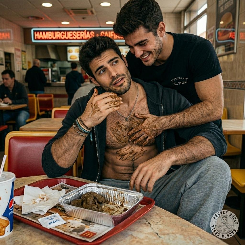 That hot waiter slathers shit all over my chest while I’m eating it off the fast food table 😈💦 #gayscat #fetish #inpublic