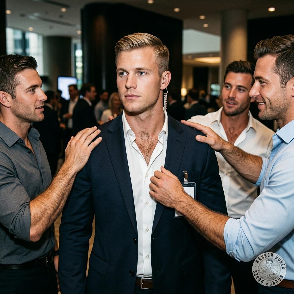 Security officer stands there, stone-faced, as three hungry dudes grope him like he’s their personal fucktoy 😈🔥 #fetish...
