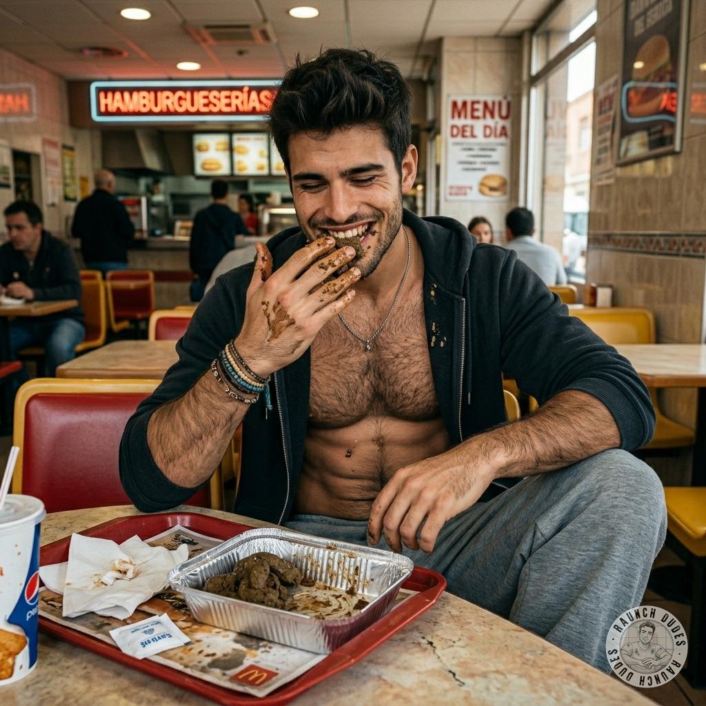 This dude’s face-deep in a pile of shit on the fast food table, licking every last drop like it’s the tastiest dessert 💩😋...