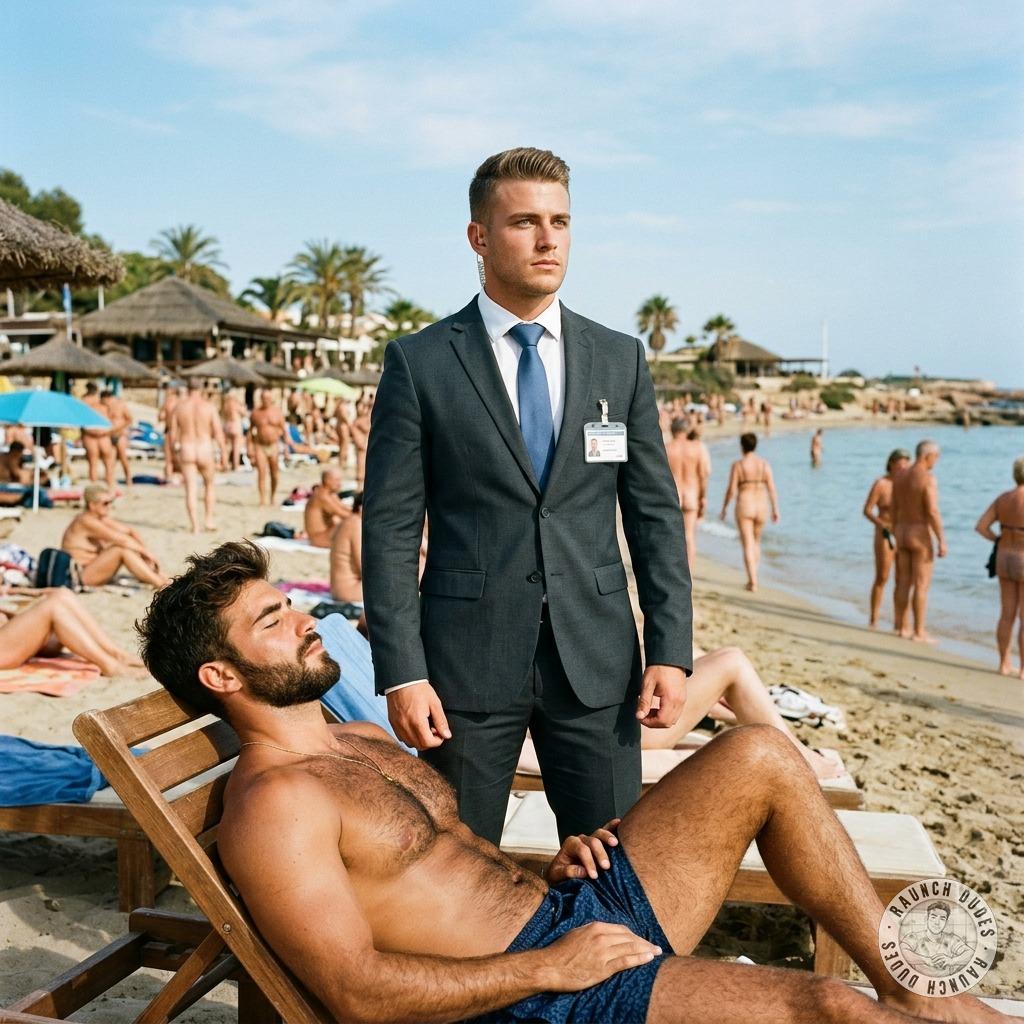 Security officer on the beach, guarding his master’s tight ass while getting his dick rammed raw in the sand. #security...
