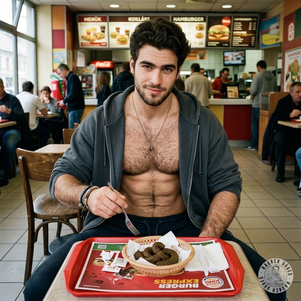 This hungry slut is feasting on fresh turds right at the fast food counter, savoring every bitter bite while the crowd gawks...