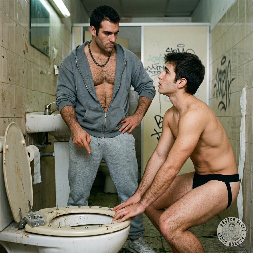 Sadistic skinhead nails a dude’s ass with thumbtacks on the toilet seat—watch him squirm and beg while his hole drips blood...