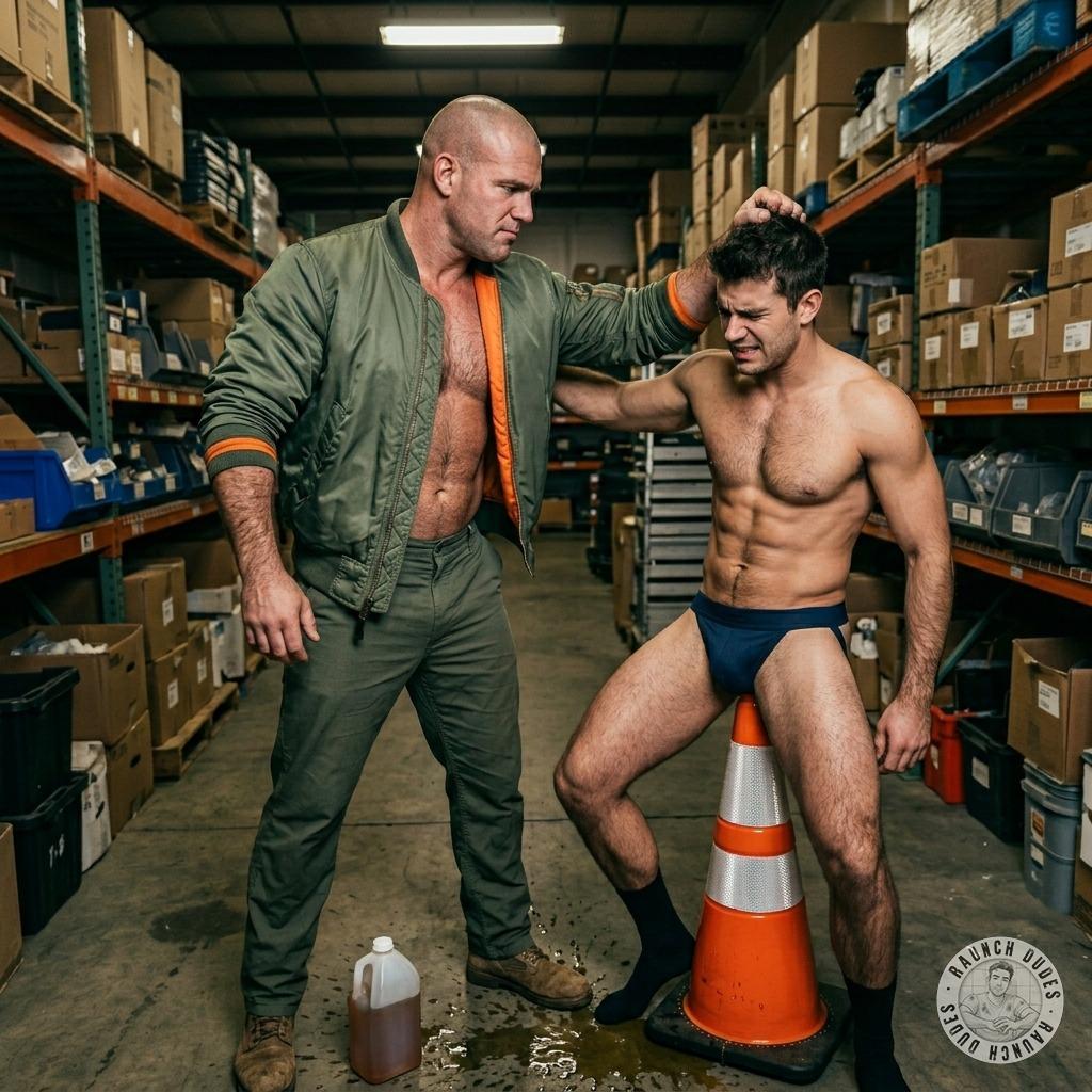 One skinhead slams a twink down on a traffic cone, stuffing his dildo up that tight little ass while screaming in his ear....