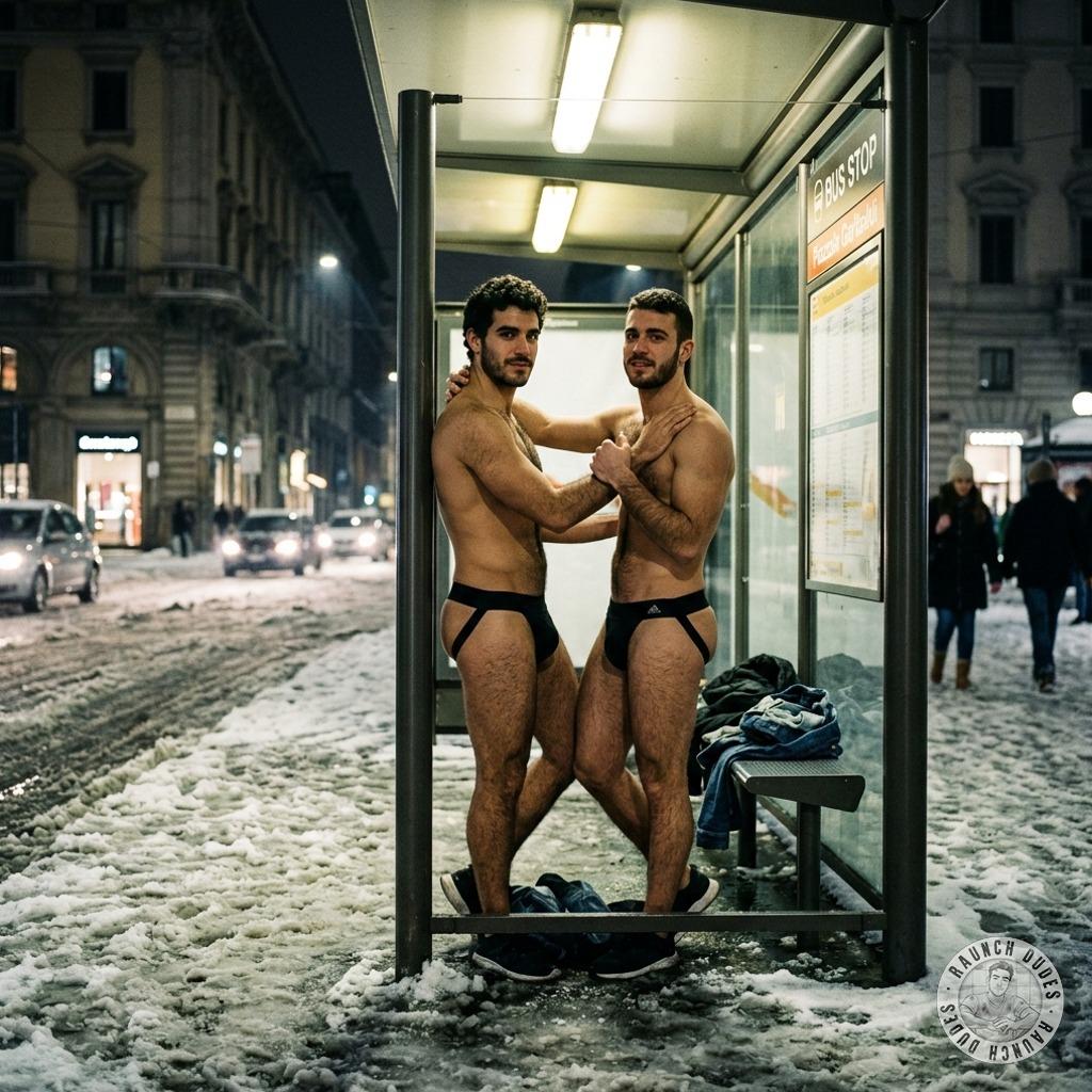 Two twinks in jockstraps at the snowy tram stop, freezing their tight little asses off while flashing their bulges to every...