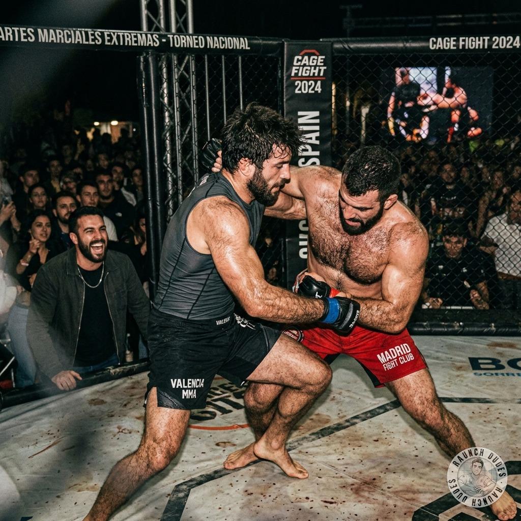 Two dudes tearing each other apart in an extreme martial arts tournament—sweat, grunts, and raw power slamming together like...