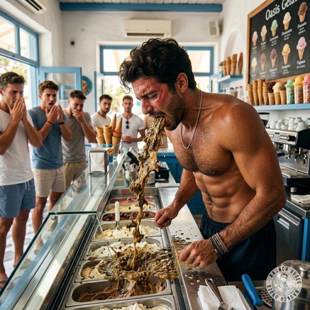 That pervy ice cream guy just puked all over the cones he’s serving—now every bite’s a filthy, chunky fucking mess. #gaypuke...