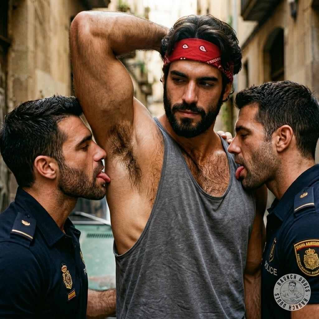 Two cops slobbering on some twink’s pits, worshipping that sweaty, musky stench like it’s the holiest fucking relic 😈🔥...