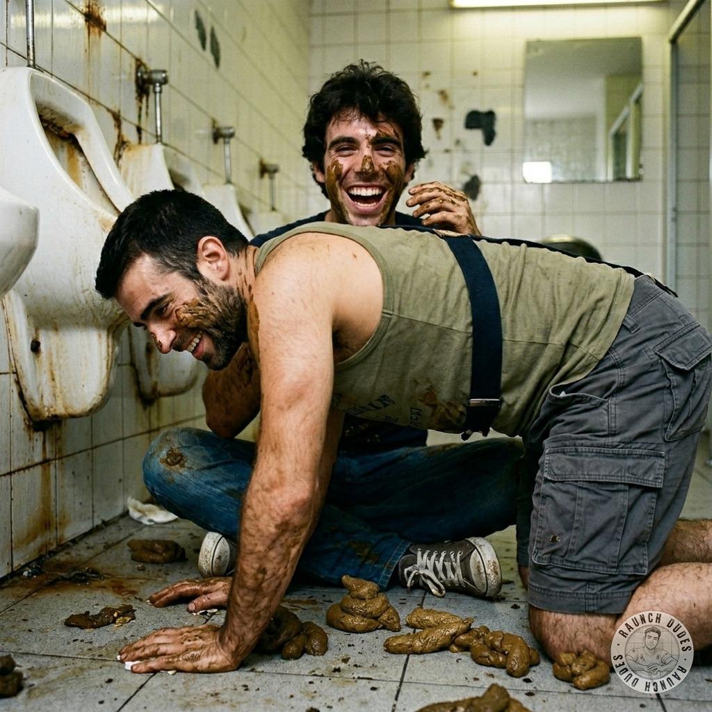 Two dudes getting filthy in a public bin, smearing shit all over each other’s holes, laughing as they finger-fuck the stink...
