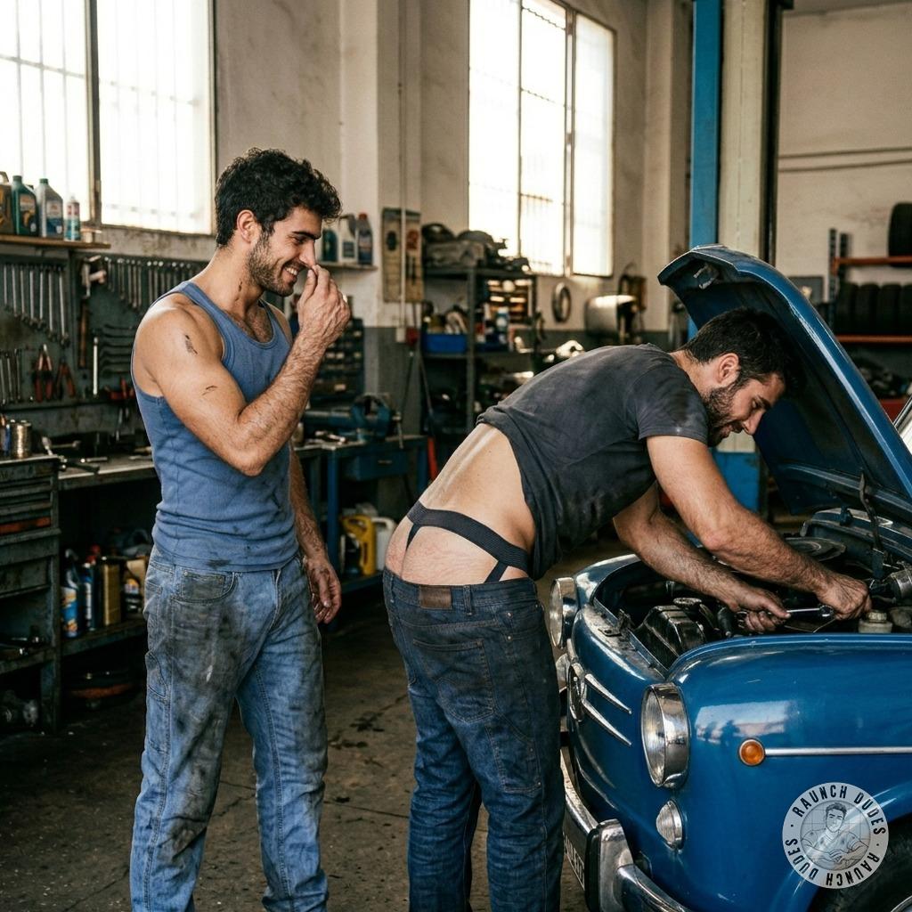 That jockstrap-clad mechanic gets his hands dirty fixing engines while his tight ass flexes in the grease. 🔧💦 #workers...