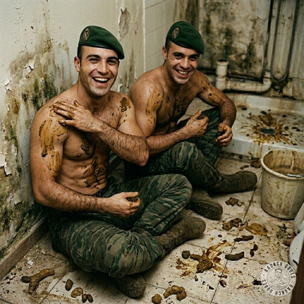Two soldiers slather each other in shit, smearing it all over their tight bodies like hungry beasts. The stench is...