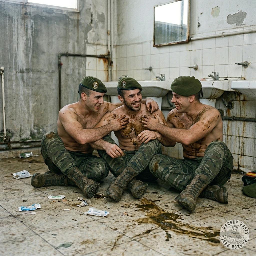 Three soldiers slathered themselves in shit, rubbing it all over their tight bodies like a filthy fucking lotion. The stench...
