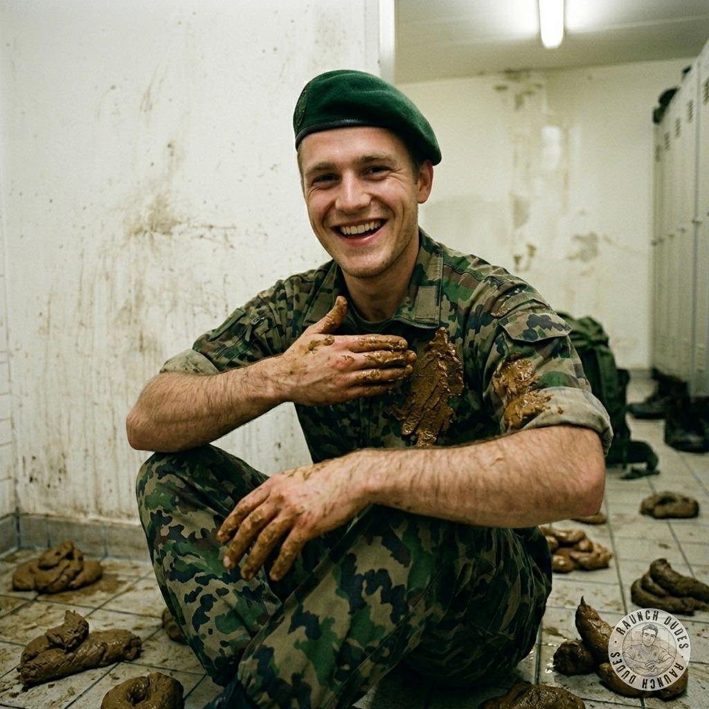 Military daddy covered in shit, rubbing it all over his tight ass, begging for a rough fuck while his hole drips with filth....