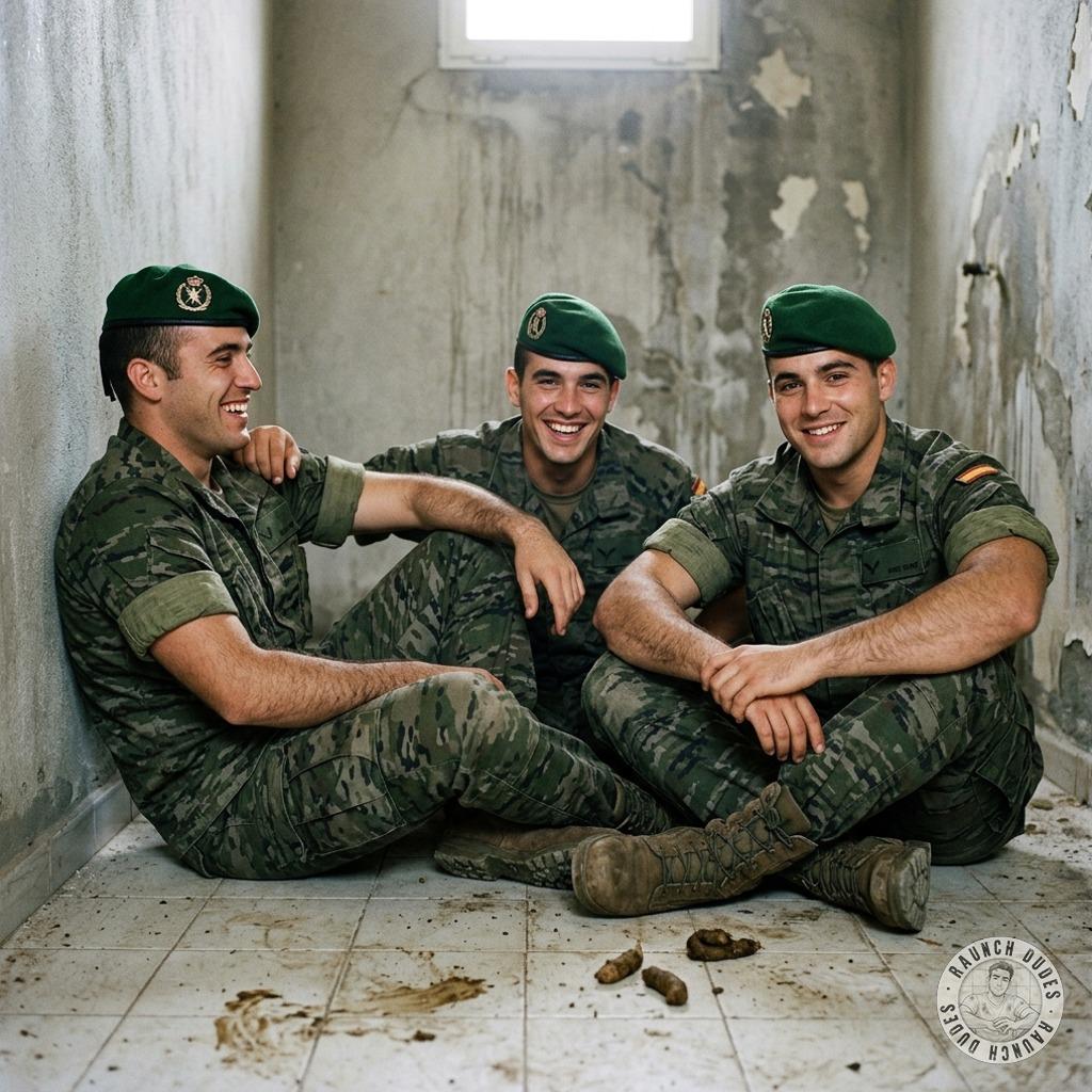 Three dirty soldiers squatting in a shit-covered floor, their boots sinking in the warm, stinking muck as they jerk off in...