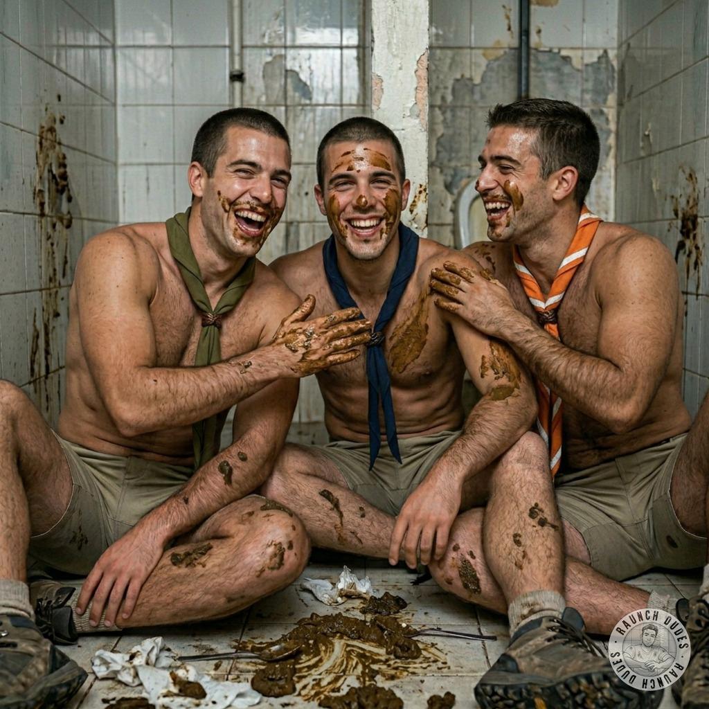 Three #scout boys smearing each other’s shit all over their tight bodies, groaning as they rub it in deep, their filthy...