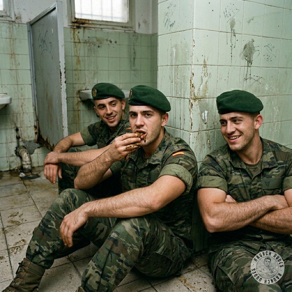 Military guy swallowing shit while his buddies watch, their dicks twitching in their pants 😈💦 #gayscat #fetish #military