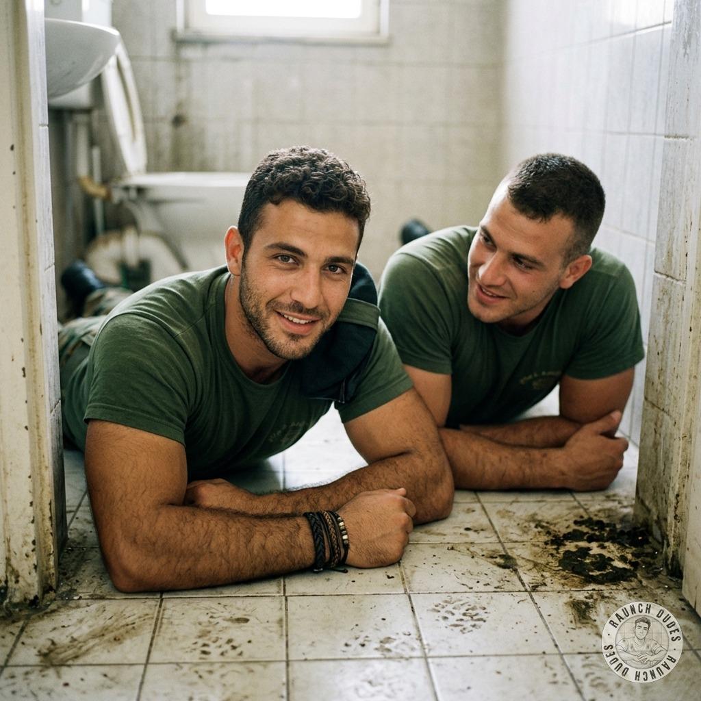 Two soldiers are sprawled on a floor slick with shit, their uniforms soaked in filth as they rut like animals in the muck....