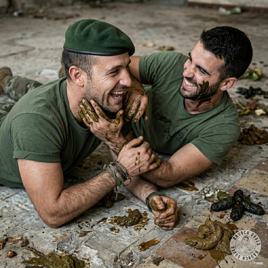 Two soldiers slather each other in shit, rolling filthy on the bathroom floor like a pair of hungry pigs in heat 🐷💩 #gayscat...